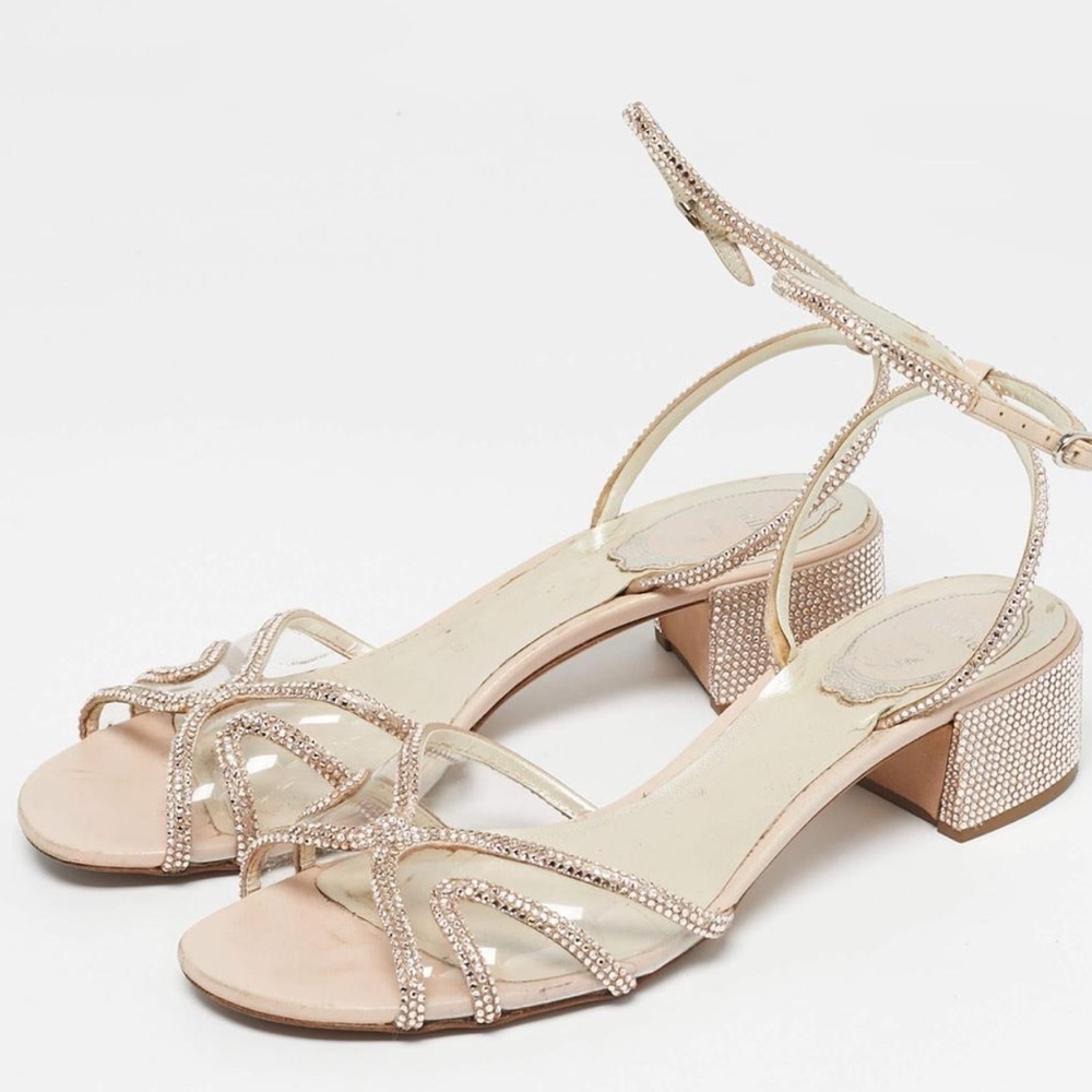 René Caovilla Beige Satin Crystal Embellished Cleo Ankle Strap Sandals Size 38
